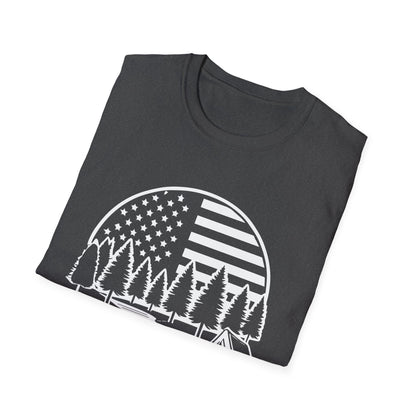 Patriotic Camping T-Shirt - American Flag Outdoor Graphic Tee - Nature Lover's Hiking Shirt - Perfect for 2024 Election Season