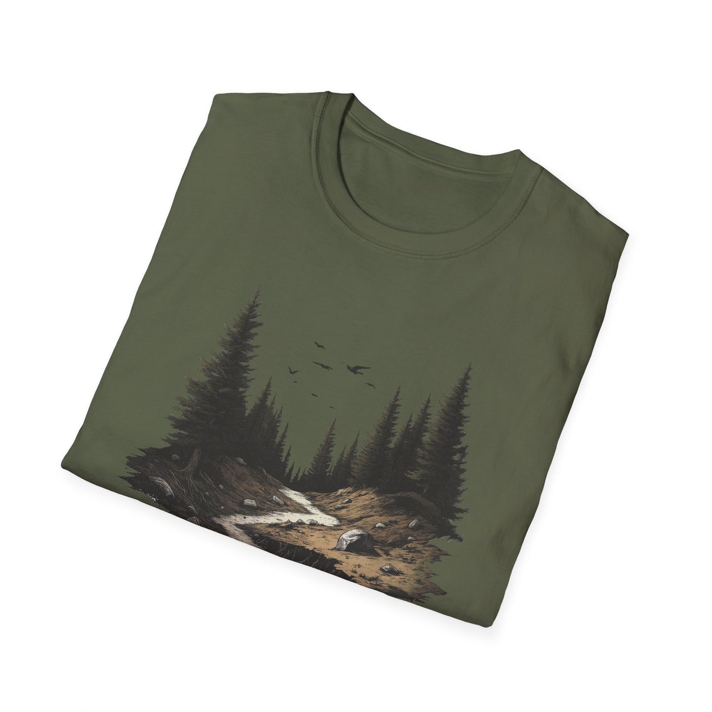 Dark Moody Forest Path T-Shirt - Artistic Pine Trees and Birds Design - Nature Adventure Outdoor Tee