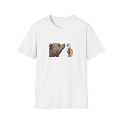 Wild Encounter Bear T-Shirt, Curious Grizzly Shirt, Nature Lover Gift, Sniffing Wildflower, Minimalist Wildlife Tee, National Park Shirt