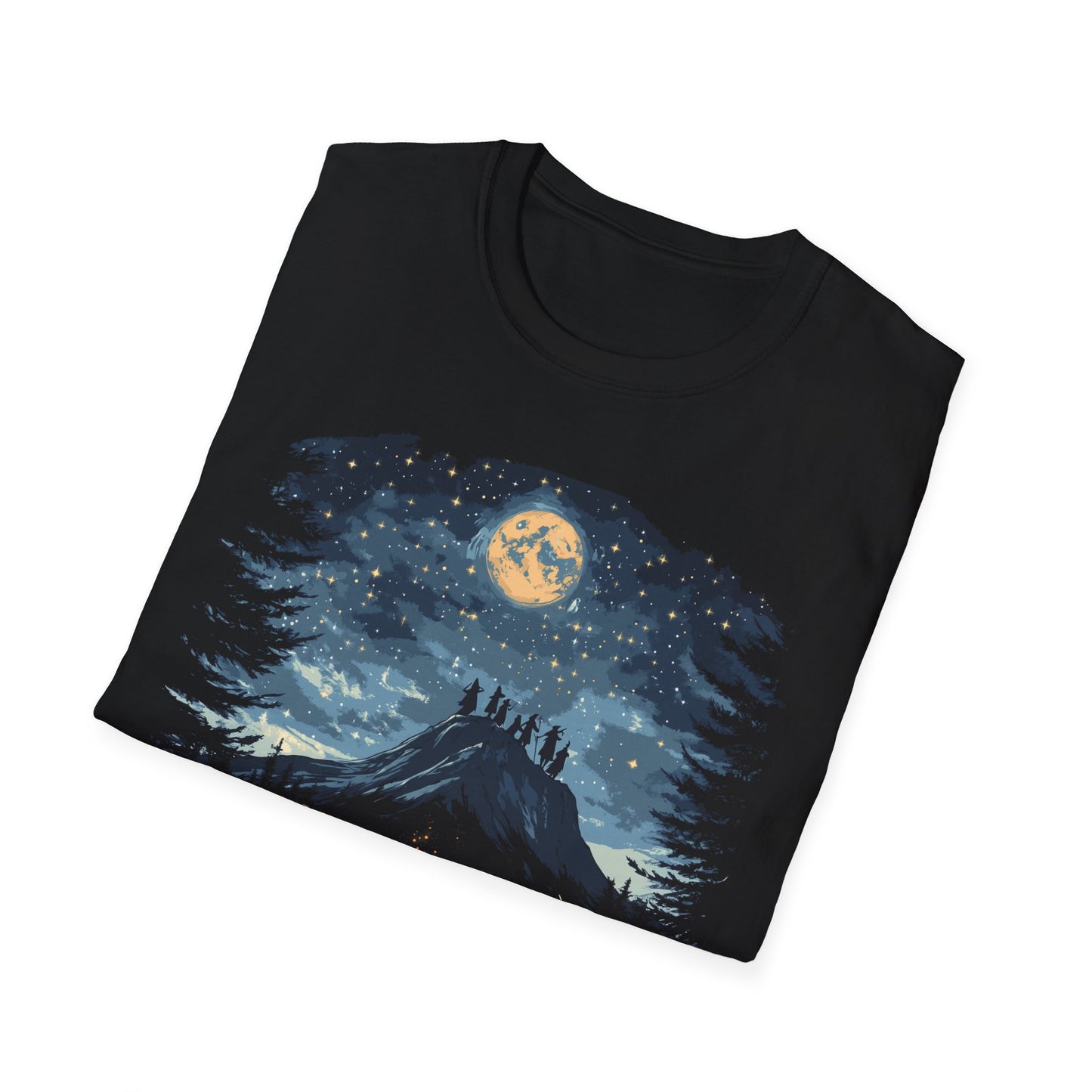 Witches Halloween Mountain Gathering T-Shirt - Full Moon Campfire Scene - Spooky Outdoor Adventure Tee