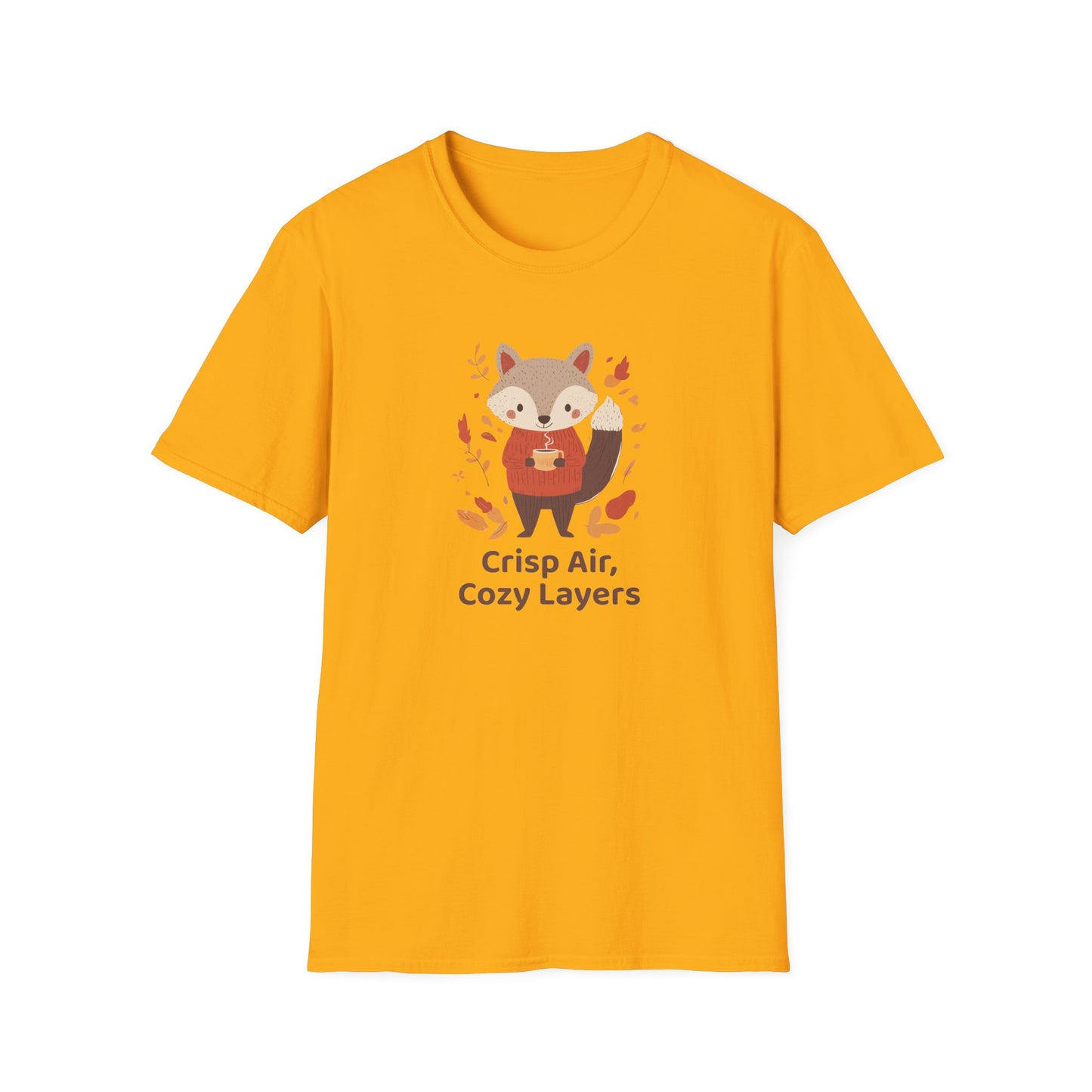 Crisp Air, Cozy Layers T-Shirt | Cute Fox Fall T-Shirt | Cozy Autumn Vibes Tee | Woodland Animal Sweater Shirt | Fall Coffee Lovers Shirt