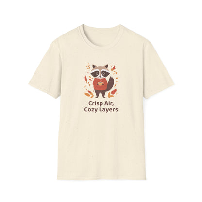 Crisp Air, Cozy Layers T-Shirt | Cute Raccoon T-Shirt | Cozy Autumn Vibes Tee | Woodland Animal Shirt | Fall Coffee Lovers Shirt