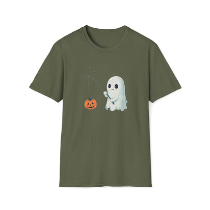 Cute Ghost Fishing T-Shirt for Halloween, Adorable Halloween Ghost Shirt, Fall Festive Ghost Tee, Cartoon Style Tee with Jack-O'-Lantern,