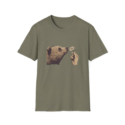 Wild Encounter Bear T-Shirt, Curious Grizzly Shirt, Nature Lover Gift, Sniffing Wildflower, Minimalist Wildlife Tee, National Park Shirt