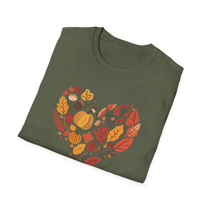 Heart Fall T-Shirt, Cozy Autumn Graphic Tee, Fall Leaves & Pumpkin Shirt, Love Fall Shirt, Thanksgiving Shirt, Nature-Inspired Fall Shirt