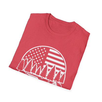 Patriotic Camping T-Shirt - American Flag Outdoor Graphic Tee - Nature Lover's Hiking Shirt - Perfect for 2024 Election Season