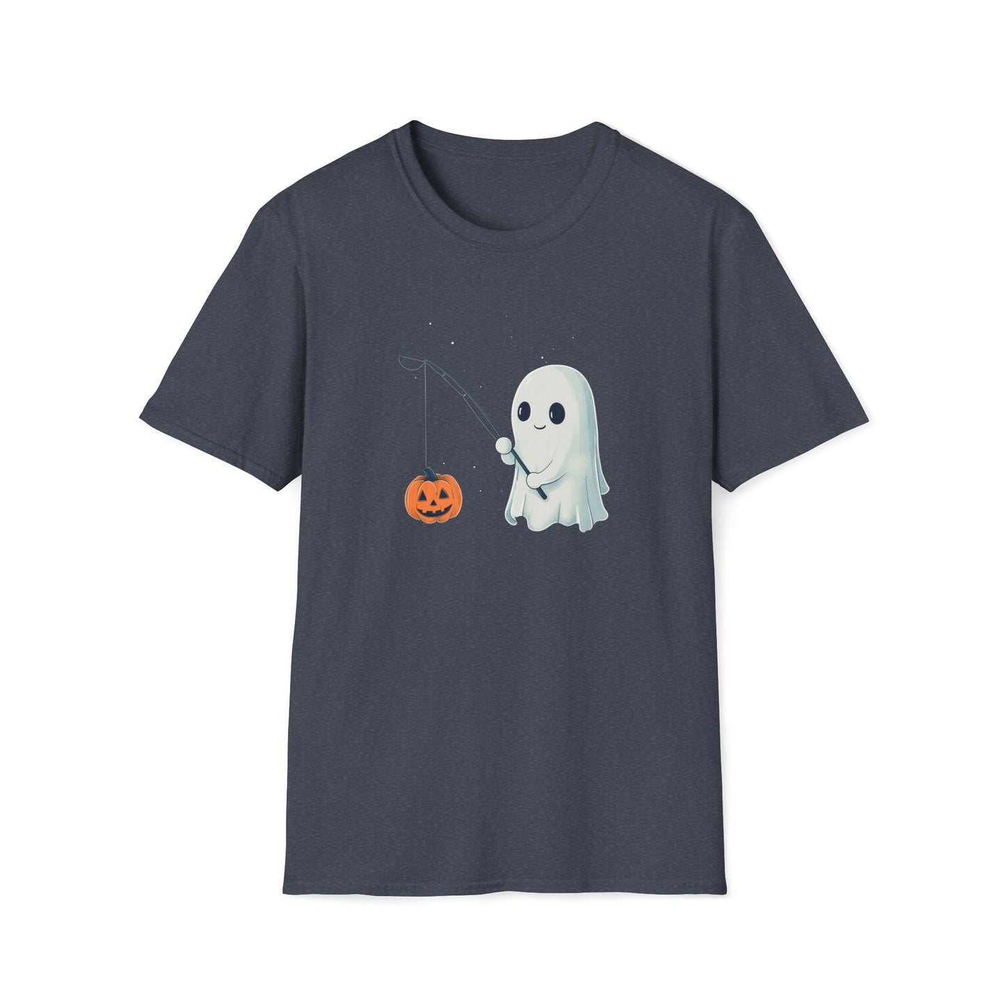 Cute Ghost Fishing T-Shirt for Halloween, Adorable Halloween Ghost Shirt, Fall Festive Ghost Tee, Cartoon Style Tee with Jack-O'-Lantern,