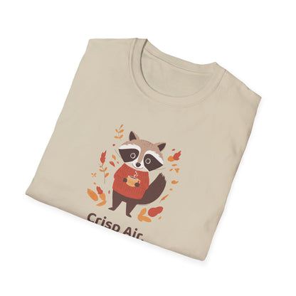 Crisp Air, Cozy Layers T-Shirt | Cute Raccoon T-Shirt | Cozy Autumn Vibes Tee | Woodland Animal Shirt | Fall Coffee Lovers Shirt