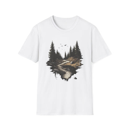 Dark Moody Forest Path T-Shirt - Artistic Pine Trees and Birds Design - Nature Adventure Outdoor Tee