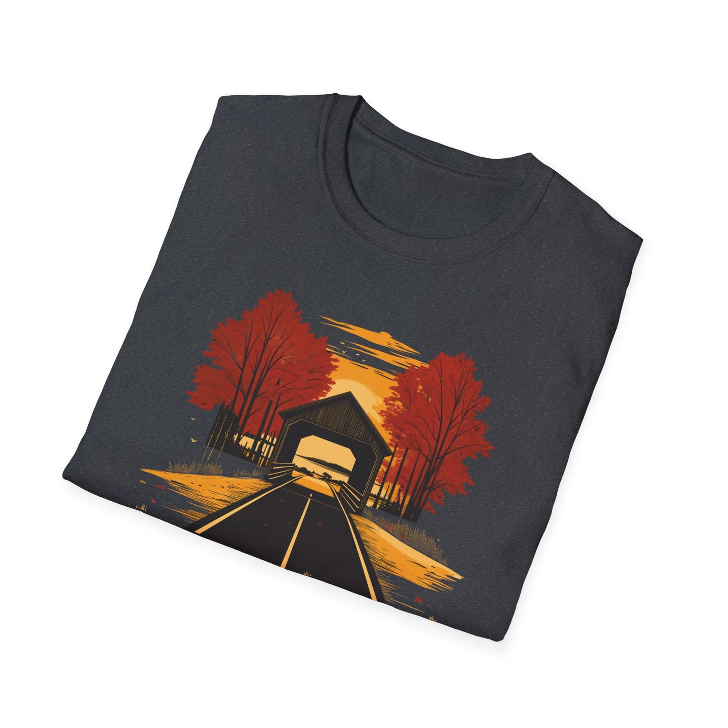 Autumn Adventure Awaits T-Shirt | Fall Nature Graphic | Covered Bridge Fall Shirt | Autumn Road Trip Shirt | Fall Apparel for Nature Lovers