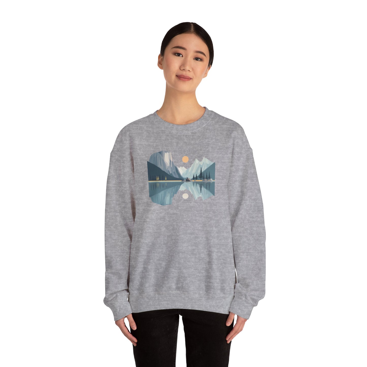 Minimalist Mountain Reflection Sweatshirt - Scenic Nature Landscape Graphic - Hiking and Camping Adventure Wear