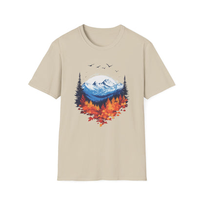 Falling Leaves, Rising Snow T-Shirt, Fall to Winter Transition Tee, Mountain Adventure Shirt, Outdoor Lovers Gift