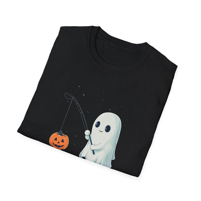 Cute Ghost Fishing T-Shirt for Halloween, Adorable Halloween Ghost Shirt, Fall Festive Ghost Tee, Cartoon Style Tee with Jack-O'-Lantern,