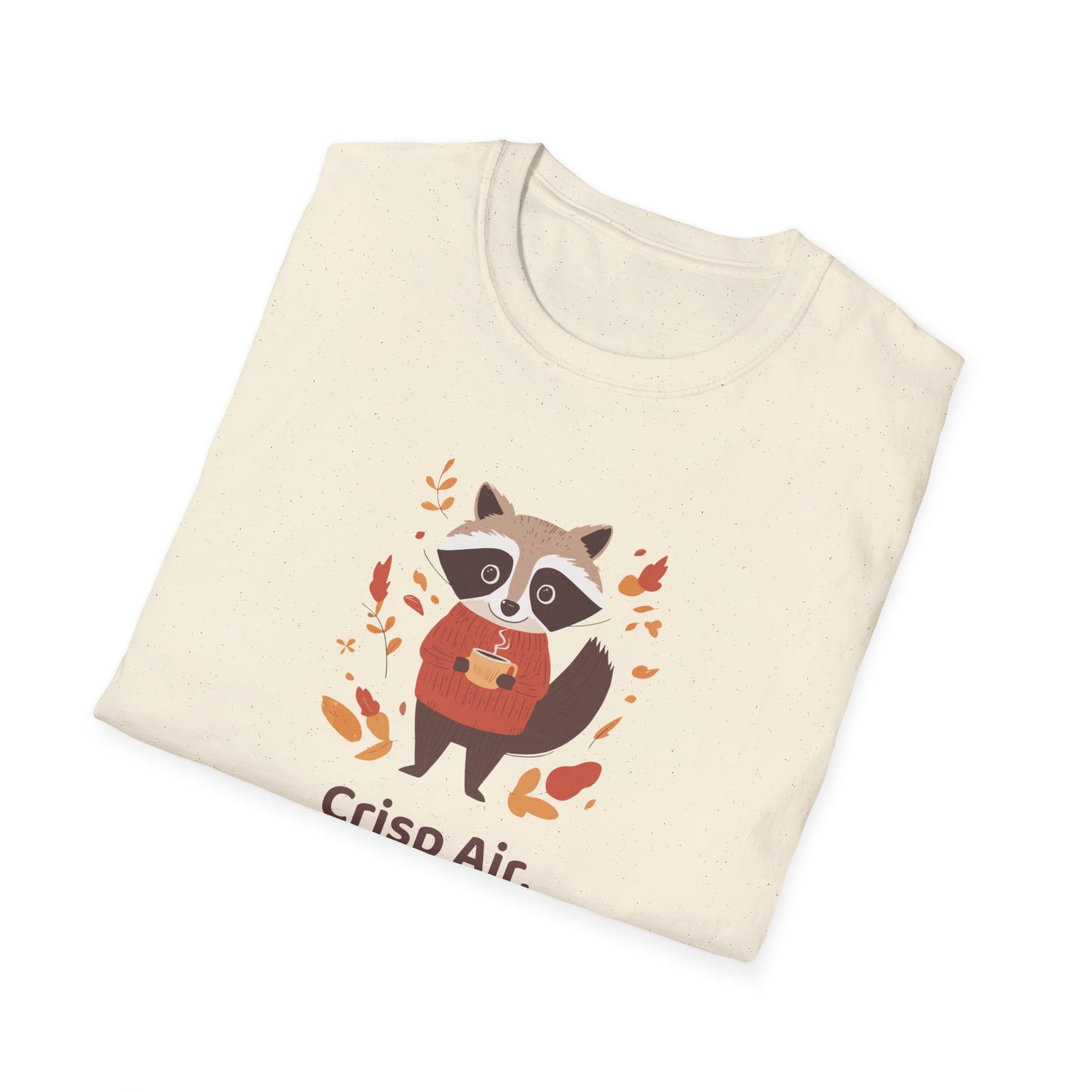 Crisp Air, Cozy Layers T-Shirt | Cute Raccoon T-Shirt | Cozy Autumn Vibes Tee | Woodland Animal Shirt | Fall Coffee Lovers Shirt