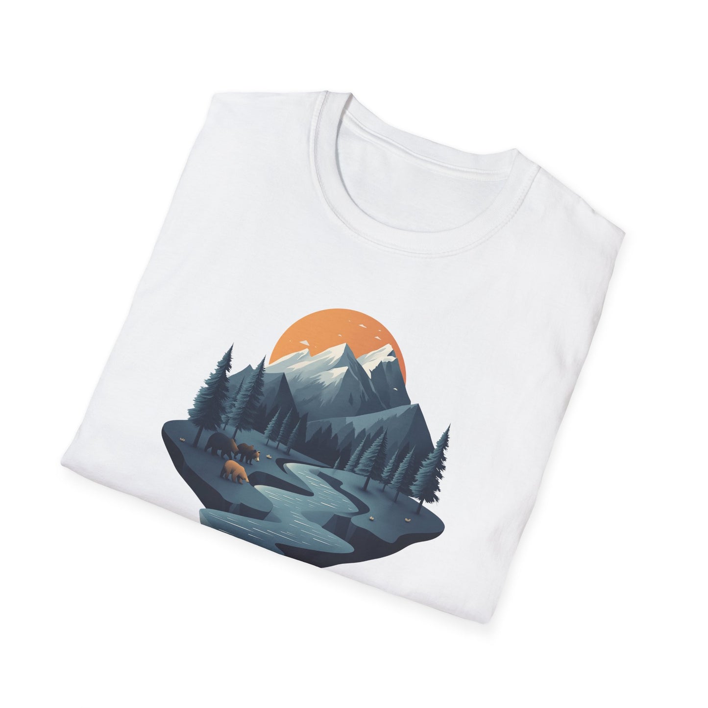 Mountain Sunset Isometric Landscape T-Shirt, Nature Scene Tee, Wilderness Hiking Shirt, Outdoor Adventure Top, Wildlife Graphic Tee