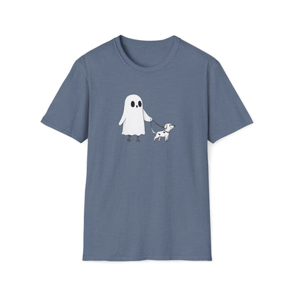 Ghost Walking Dog Unisex T-Shirt, Halloween Tee, Spooky Cute Shirt, Dog Lover Halloween Gift, Minimalistic Ghost Design