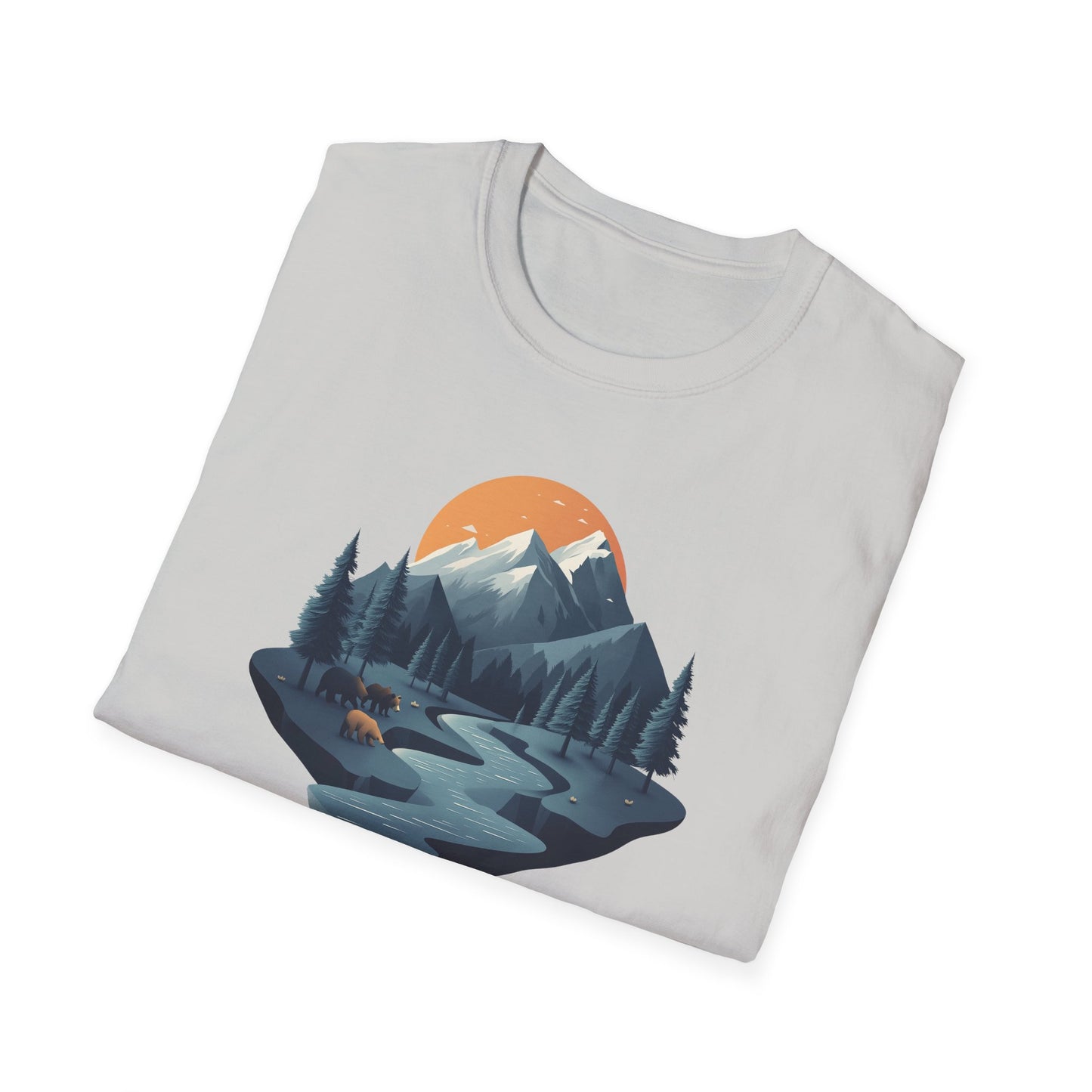 Mountain Sunset Isometric Landscape T-Shirt, Nature Scene Tee, Wilderness Hiking Shirt, Outdoor Adventure Top, Wildlife Graphic Tee