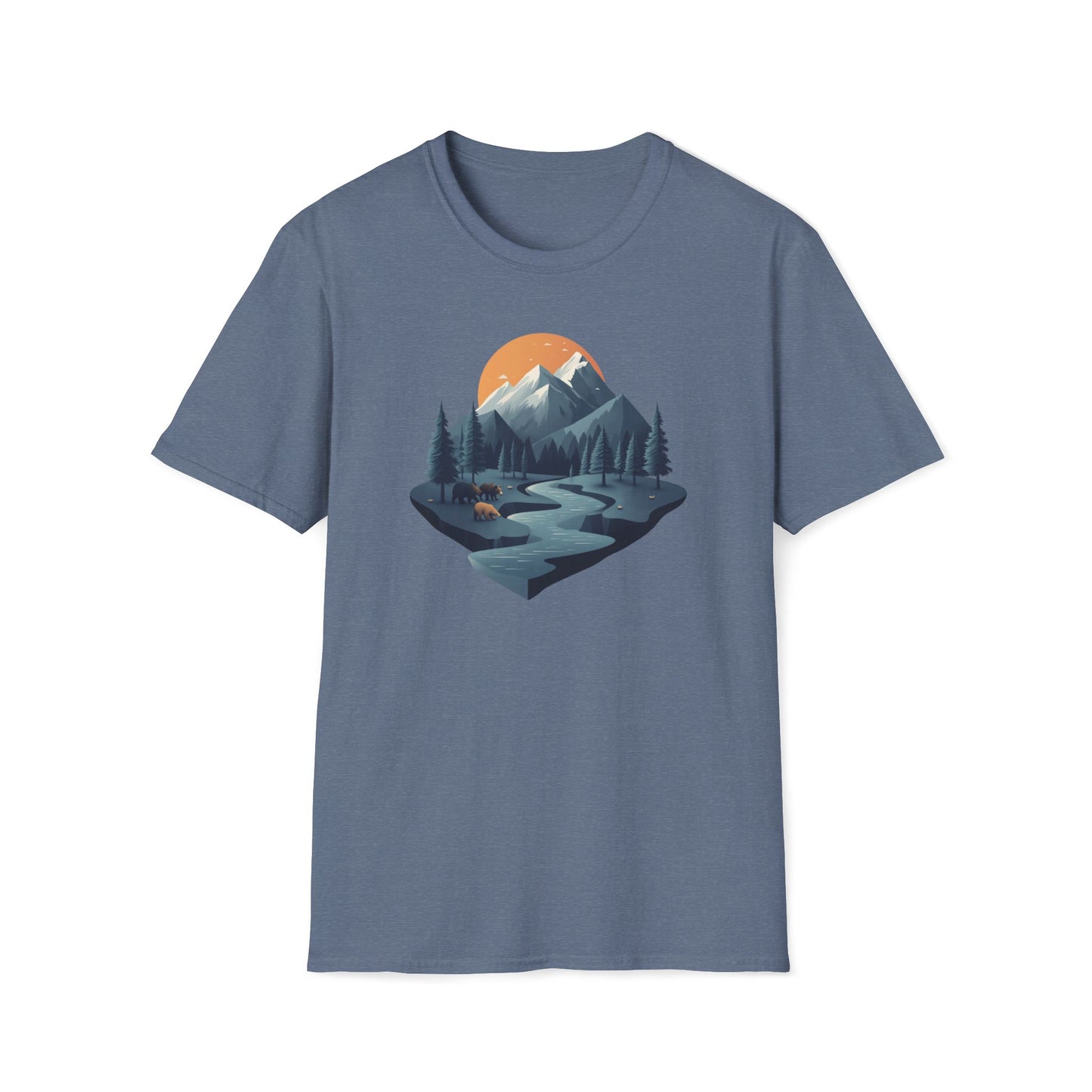 Mountain Sunset Isometric Landscape T-Shirt, Nature Scene Tee, Wilderness Hiking Shirt, Outdoor Adventure Top, Wildlife Graphic Tee