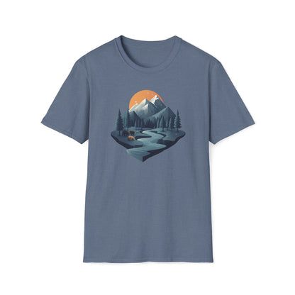 Mountain Sunset Isometric Landscape T-Shirt, Nature Scene Tee, Wilderness Hiking Shirt, Outdoor Adventure Top, Wildlife Graphic Tee