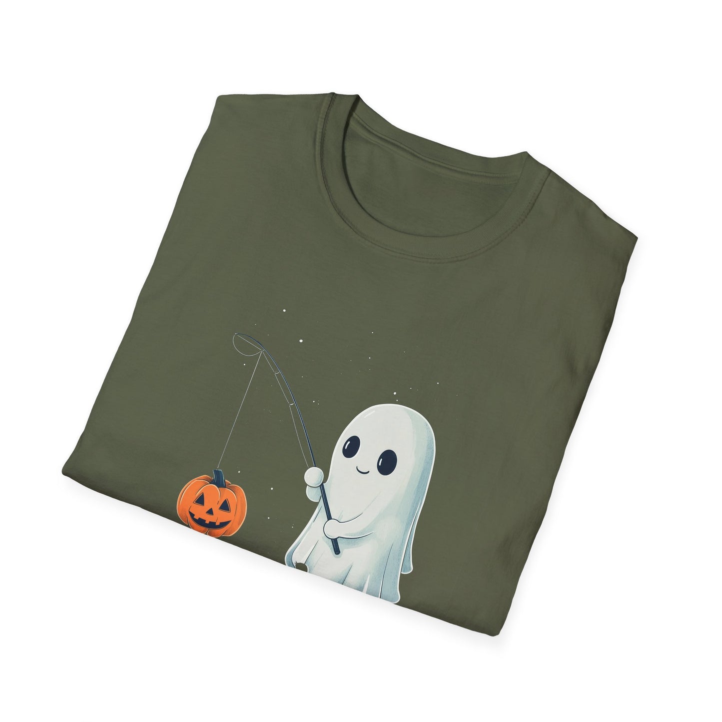 Cute Ghost Fishing T-Shirt for Halloween, Adorable Halloween Ghost Shirt, Fall Festive Ghost Tee, Cartoon Style Tee with Jack-O'-Lantern,