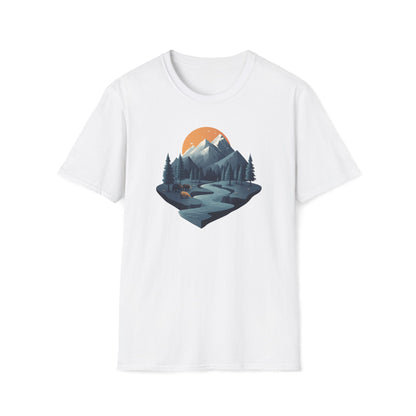 Mountain Sunset Isometric Landscape T-Shirt, Nature Scene Tee, Wilderness Hiking Shirt, Outdoor Adventure Top, Wildlife Graphic Tee