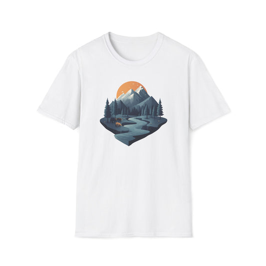 Mountain Sunset Isometric Landscape T-Shirt, Nature Scene Tee, Wilderness Hiking Shirt, Outdoor Adventure Top, Wildlife Graphic Tee