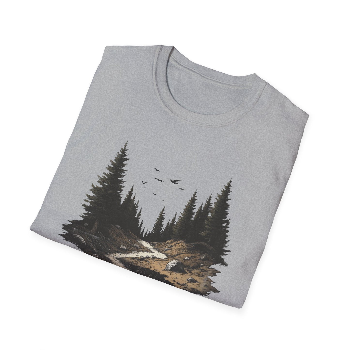 Dark Moody Forest Path T-Shirt - Artistic Pine Trees and Birds Design - Nature Adventure Outdoor Tee