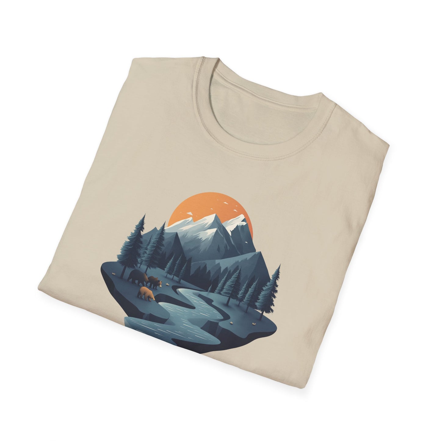 Mountain Sunset Isometric Landscape T-Shirt, Nature Scene Tee, Wilderness Hiking Shirt, Outdoor Adventure Top, Wildlife Graphic Tee