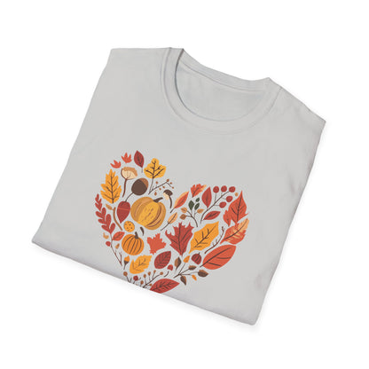 Heart Fall T-Shirt, Cozy Autumn Graphic Tee, Fall Leaves & Pumpkin Shirt, Love Fall Shirt, Thanksgiving Shirt, Nature-Inspired Fall Shirt