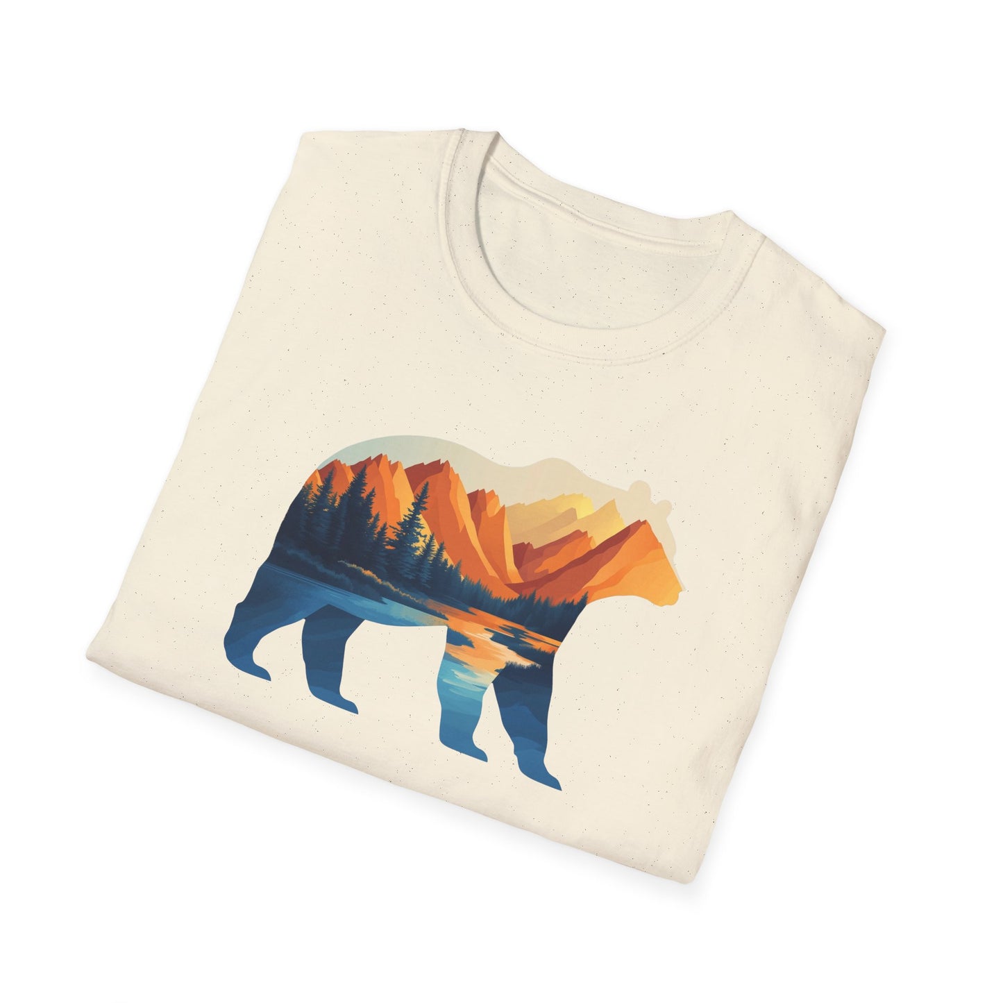 Mountain Bear Graphic T-Shirt - Scenic Sunset Landscape with Forest and Lake - Outdoor Adventure Wildlife Nature Tee