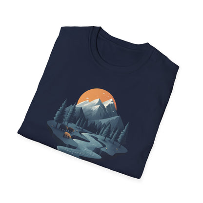 Mountain Sunset Isometric Landscape T-Shirt, Nature Scene Tee, Wilderness Hiking Shirt, Outdoor Adventure Top, Wildlife Graphic Tee