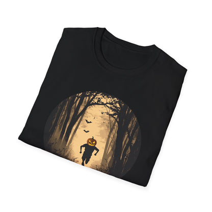 Pumpkin Head Trail Runner T-Shirt - Spooky Forest Running Shirt - Halloween Graphic Tee for Runners & Outdoor Lovers - Fall Running Shirt