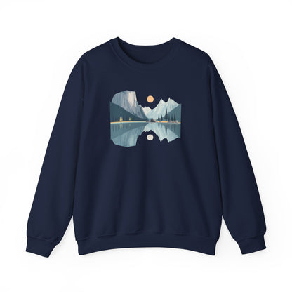 Minimalist Mountain Reflection Sweatshirt - Scenic Nature Landscape Graphic - Hiking and Camping Adventure Wear