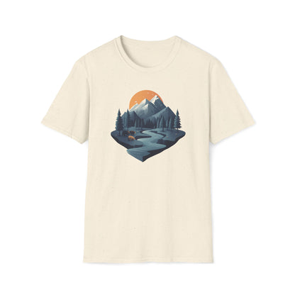 Mountain Sunset Isometric Landscape T-Shirt, Nature Scene Tee, Wilderness Hiking Shirt, Outdoor Adventure Top, Wildlife Graphic Tee