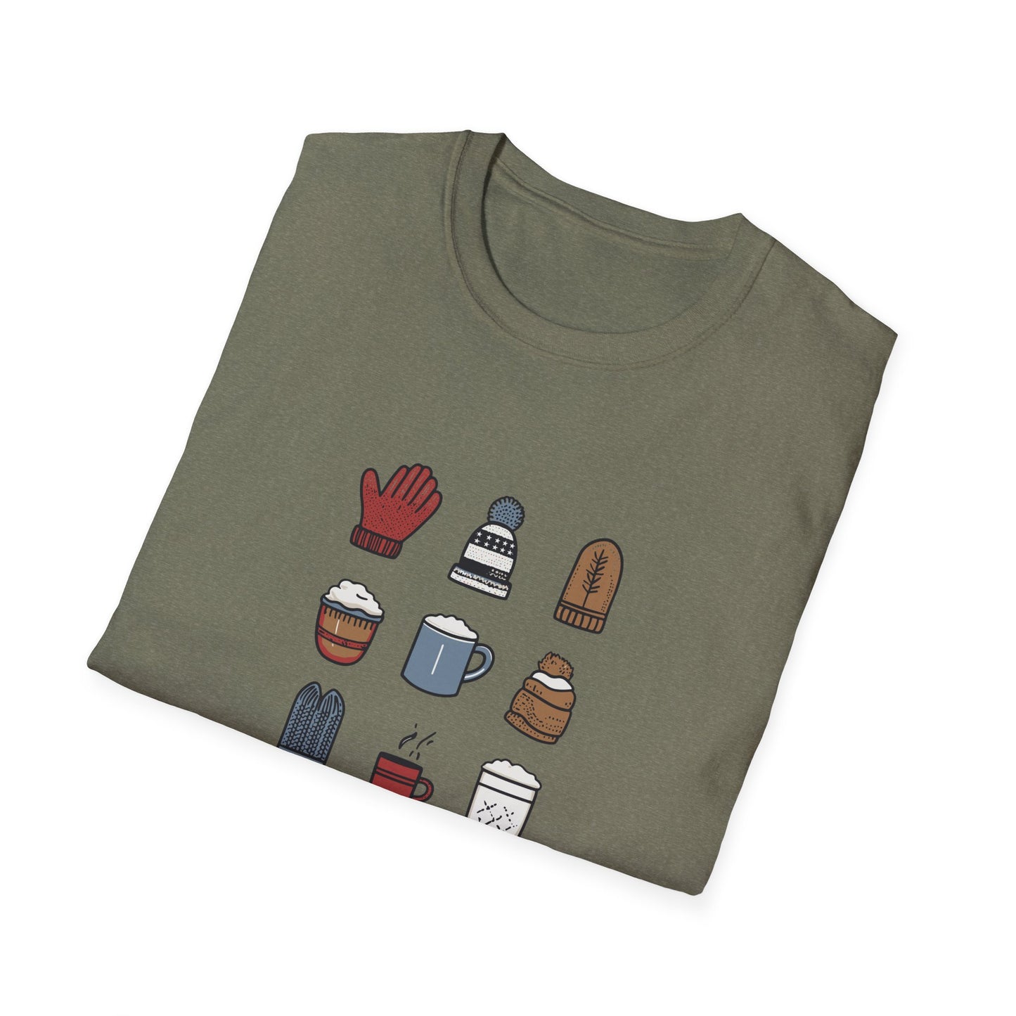 Cozy Season Essentials T-Shirt | Winter Holiday Tee | Cute Minimalist Shirt | Cozy Gift for Her | Hot Cocoa, Mittens, Beanies