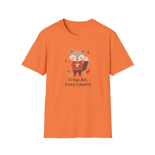 Crisp Air, Cozy Layers T-Shirt | Cute Fox Fall T-Shirt | Cozy Autumn Vibes Tee | Woodland Animal Sweater Shirt | Fall Coffee Lovers Shirt