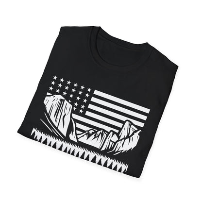 Patriotic Yosemite Mountain T-Shirt - American Flag Outdoor Graphic Tee - Nature Lover's Hiking Shirt - Perfect for 2024 Election Season