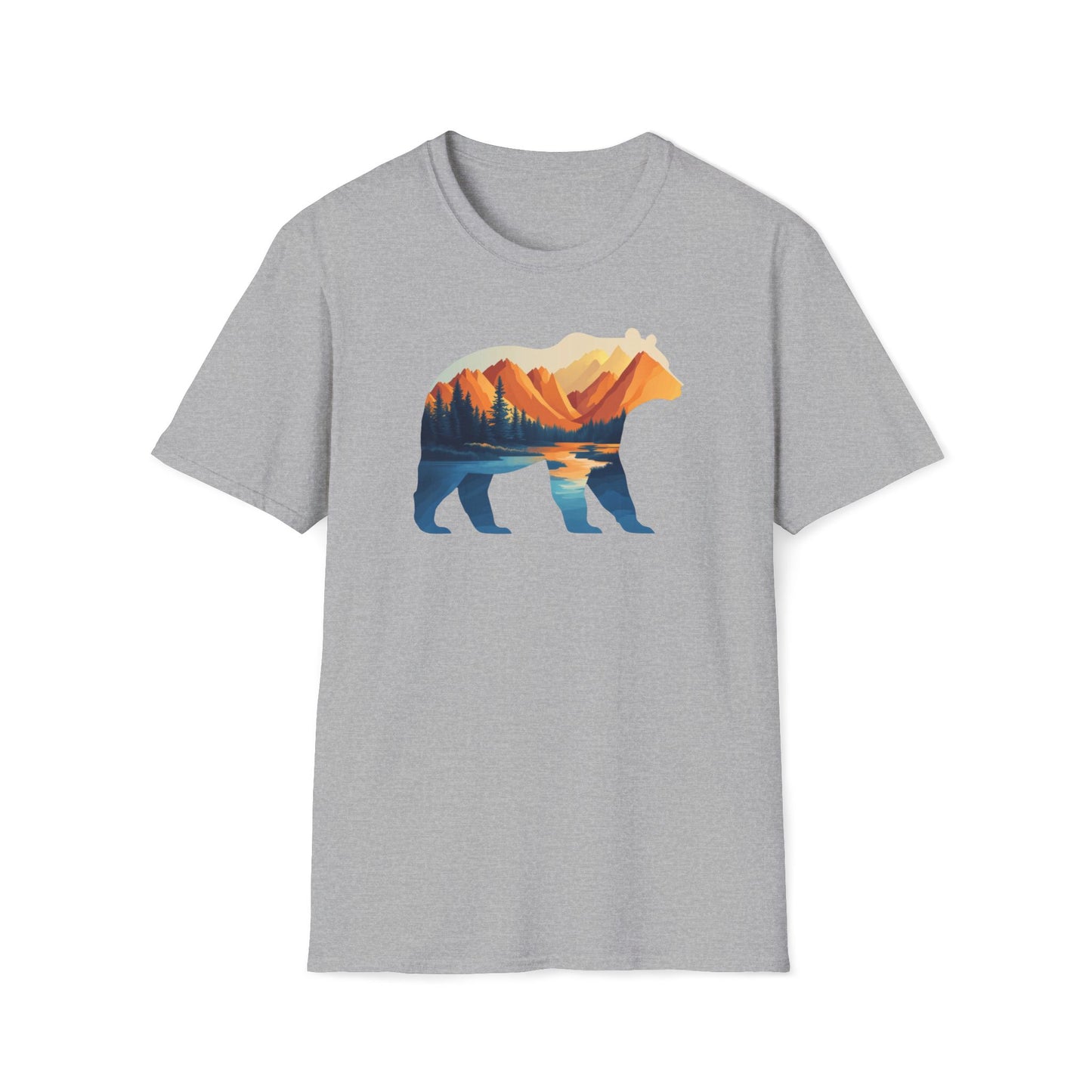 Mountain Bear Graphic T-Shirt - Scenic Sunset Landscape with Forest and Lake - Outdoor Adventure Wildlife Nature Tee