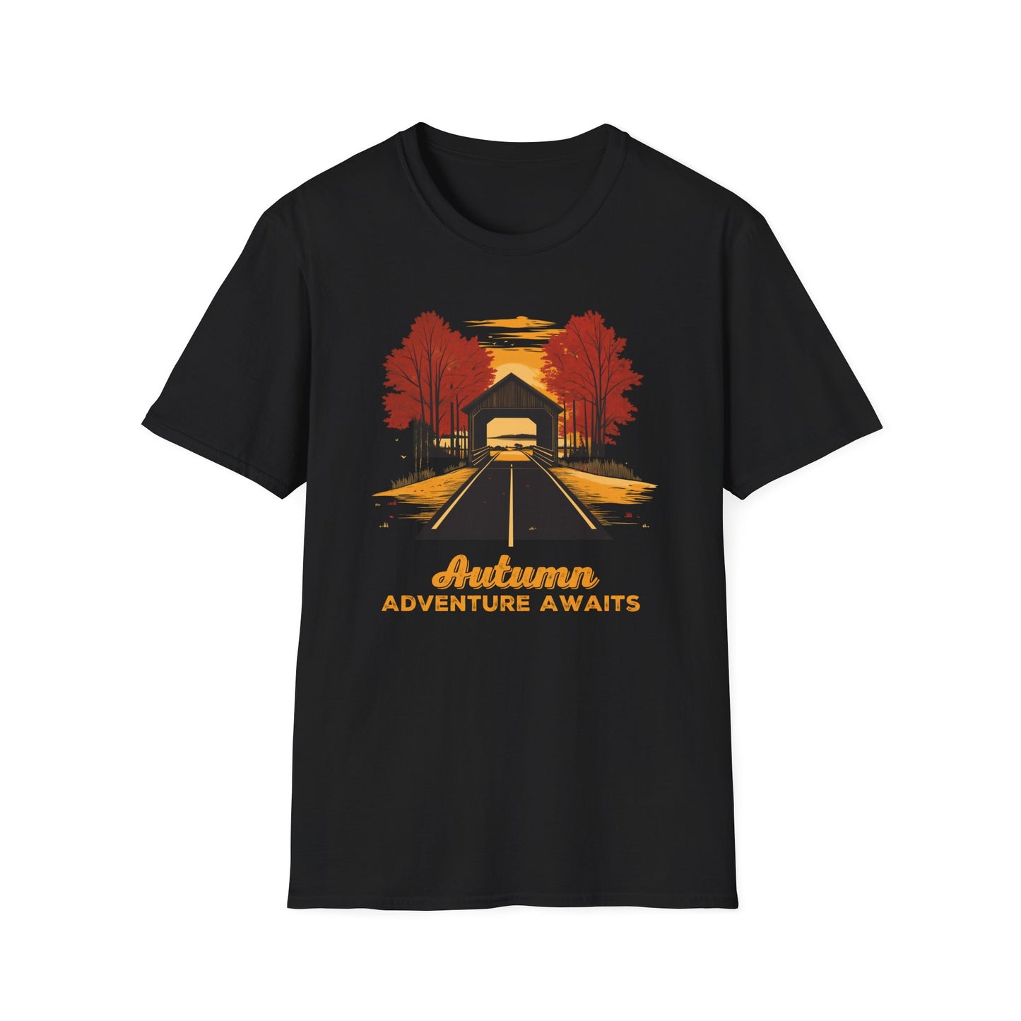 Autumn Adventure Awaits T-Shirt | Fall Nature Graphic | Covered Bridge Fall Shirt | Autumn Road Trip Shirt | Fall Apparel for Nature Lovers