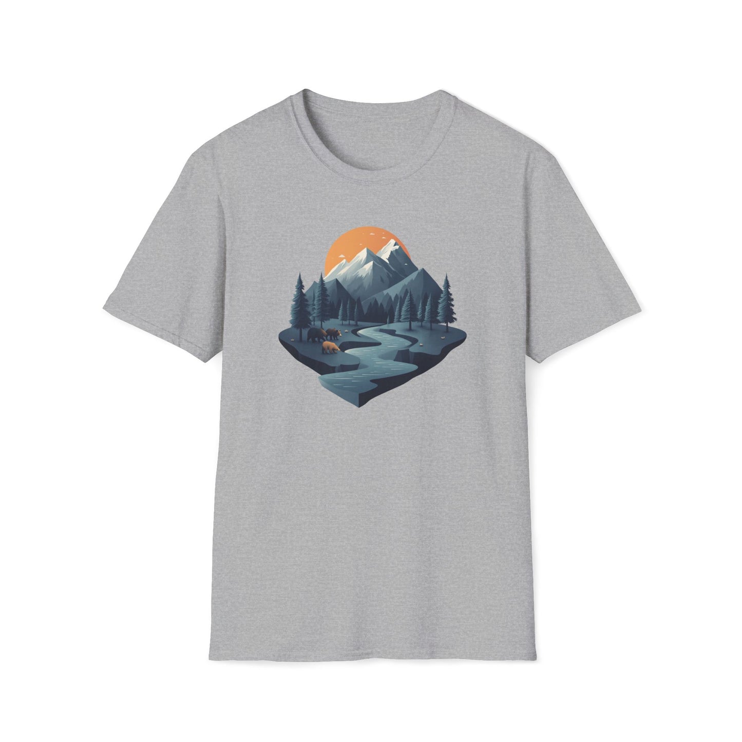 Mountain Sunset Isometric Landscape T-Shirt, Nature Scene Tee, Wilderness Hiking Shirt, Outdoor Adventure Top, Wildlife Graphic Tee