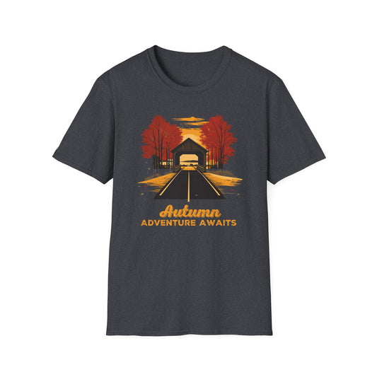 Autumn Adventure Awaits T-Shirt | Fall Nature Graphic | Covered Bridge Fall Shirt | Autumn Road Trip Shirt | Fall Apparel for Nature Lovers