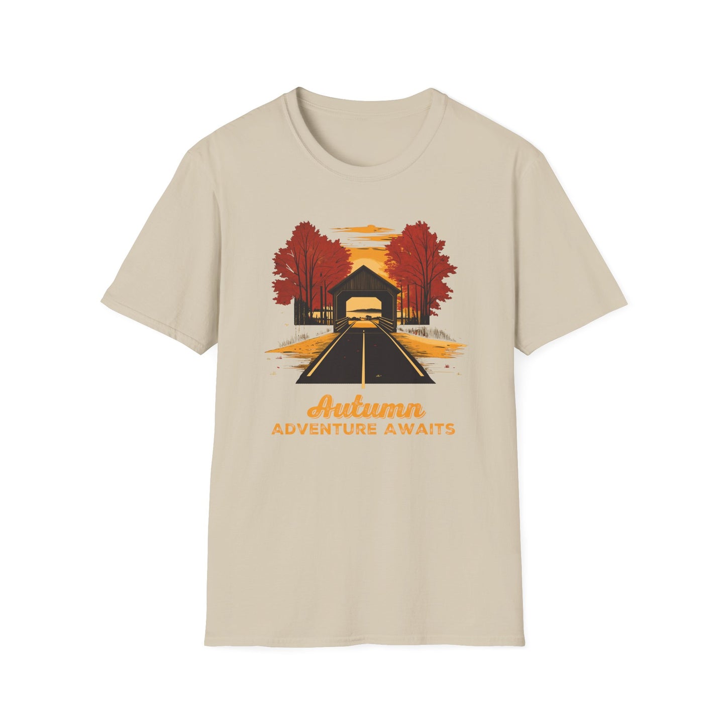 Autumn Adventure Awaits T-Shirt | Fall Nature Graphic | Covered Bridge Fall Shirt | Autumn Road Trip Shirt | Fall Apparel for Nature Lovers