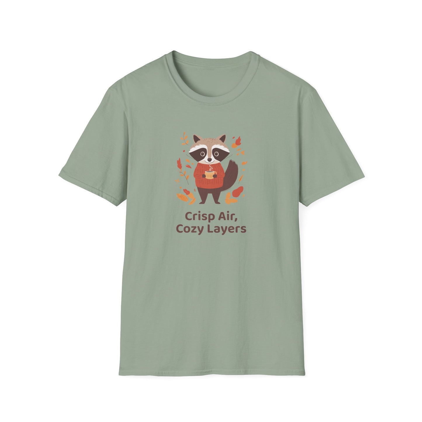 Crisp Air, Cozy Layers T-Shirt | Cute Raccoon T-Shirt | Cozy Autumn Vibes Tee | Woodland Animal Shirt | Fall Coffee Lovers Shirt