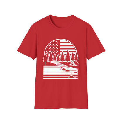 Patriotic Camping T-Shirt - American Flag Outdoor Graphic Tee - Nature Lover's Hiking Shirt - Perfect for 2024 Election Season