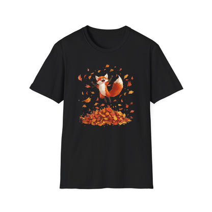 Fox Jumping in Autumn Leaves T-Shirt | Cute Fall Graphic Tee | Cozy Seasonal Shirt for Nature Lovers | Perfect Autumn Apparel Gift