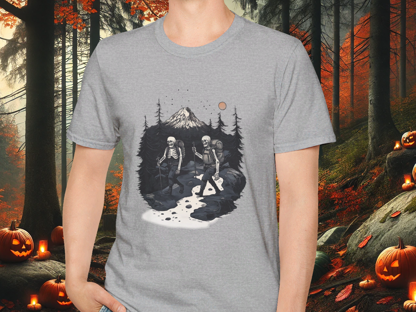 Skeleton Hiking Halloween T-Shirt | Mountain Wilderness Tee for Nature Lovers & Outdoor Enthusiasts